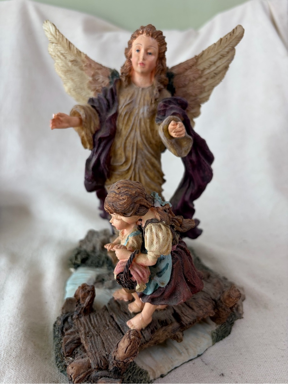 Angelic Guardian Figurine with Children - Cream, Purple, Brown